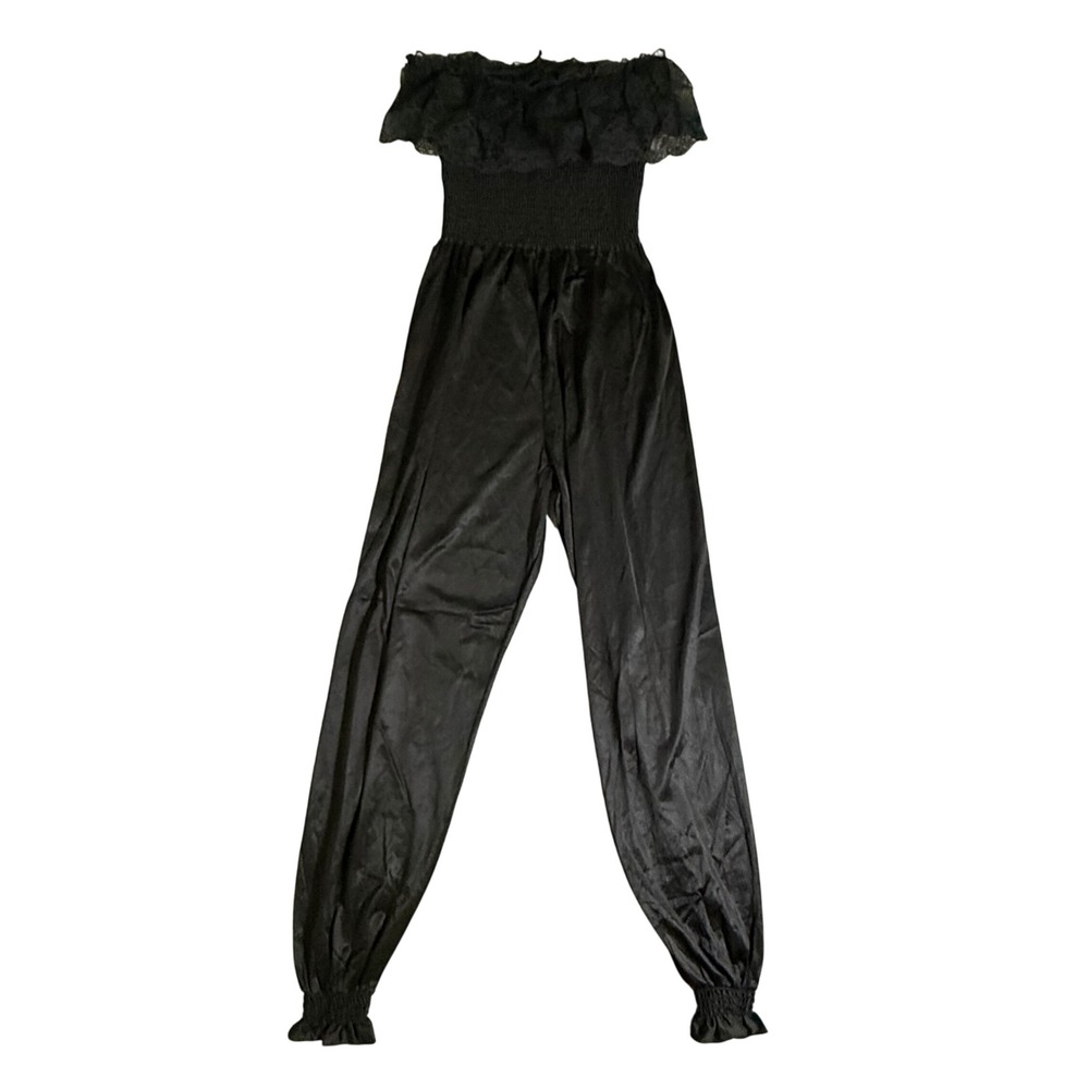 VTG Undercover Wear Lace Off Smocked Shoulder Jumpsuit Womens M Black Goth Emo